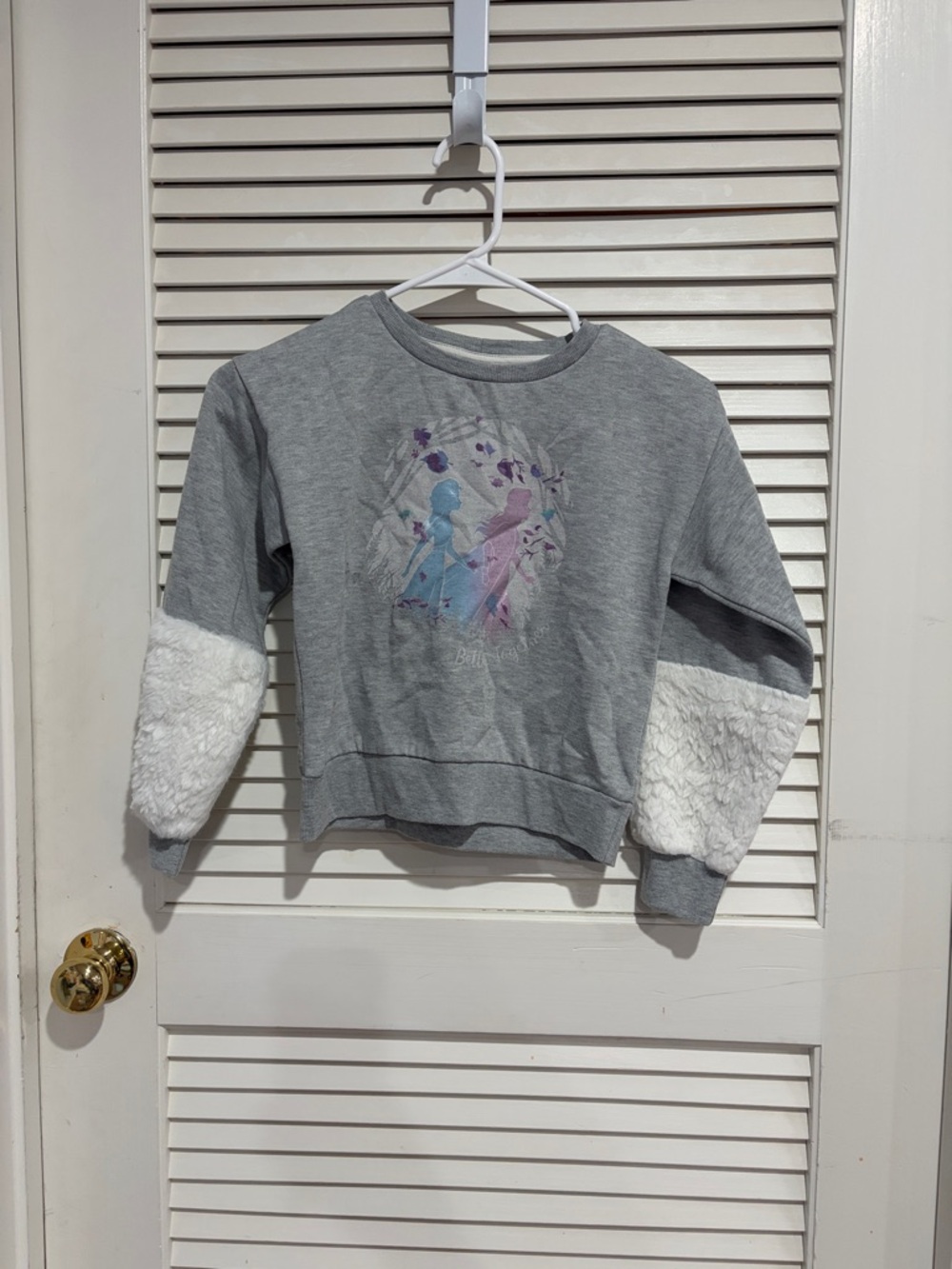 Girls' Grey Elsa & Anna Graphic Sweatshirt with Sherpa Sleeves